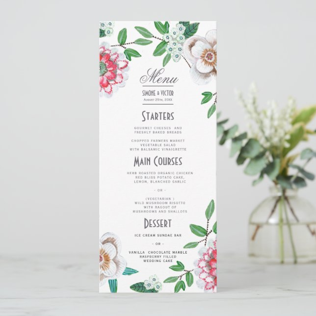 Botanical Green Pink Floral Wedding Menu (Standing Front)