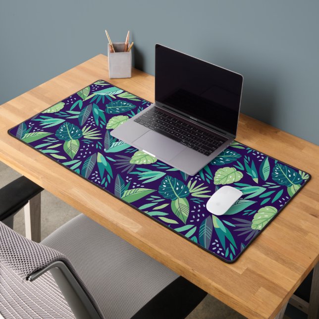 Botanical Green & Purple Leafs Pattern Desk Mat (Office 2)