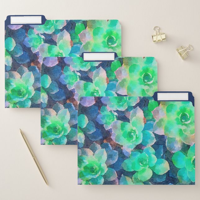 Botanical Green Shades Floral Succulent Watercolor File Folder (Set)