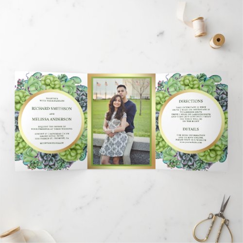 Botanical Green Succulent Wreath Photo Wedding Tri_Fold Invitation