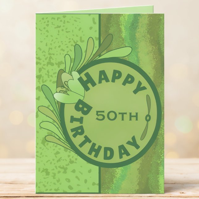 Botanical Green Textured 50th Birthday  Card (Shades of green in a textured background with bold text makes this card perfect for any milestone.)