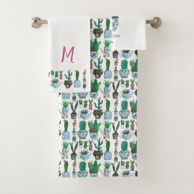 Botanical Green Tropical Cactus Succulent pattern Bath Towel Set (Insitu)