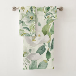 Botanical Green Watercolor Floral Leaves Nature Bath Towel Set