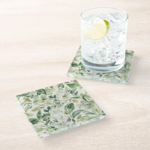 Botanical Green Watercolor Floral Leaves Nature  Glass Coaster