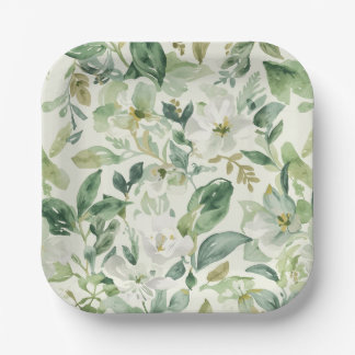 Botanical Green Watercolor Floral Leaves Nature Paper Plates