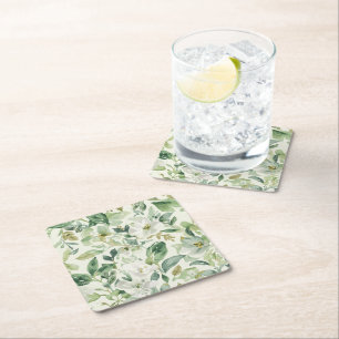 Botanical Green Watercolor Floral Leaves Nature  Square Paper Coaster