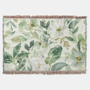 Botanical Green Watercolor Floral Leaves Nature Throw Blanket