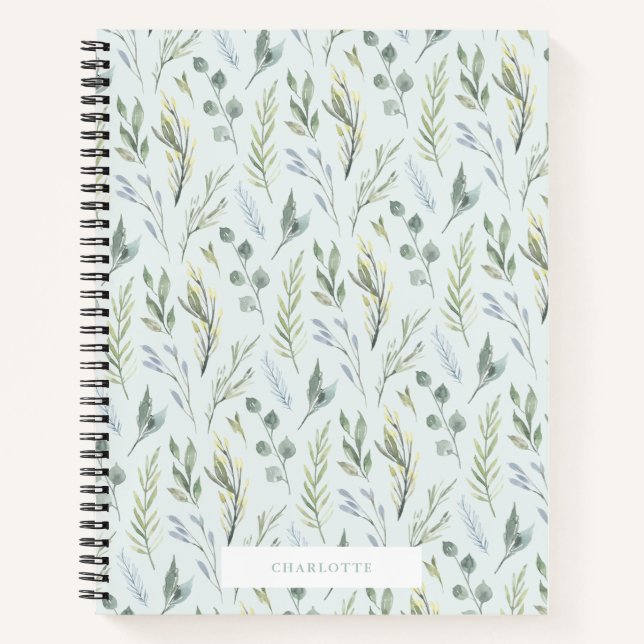 Botanical Green Watercolor Florals Spiral Notebook (Front)