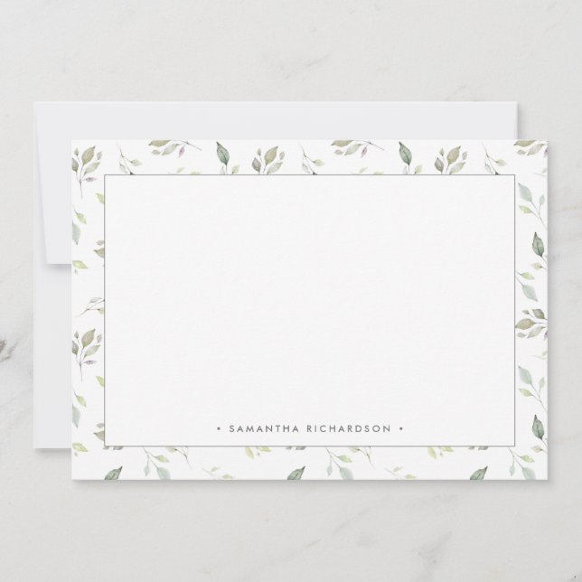 Botanical Green Watercolor Leaves Pattern Note Card (Front)
