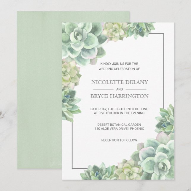 Botanical Green Watercolor Succulent Frame Wedding Invitation (Front/Back)