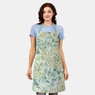 Botanical Green Watercolor Succulents Pattern Apron