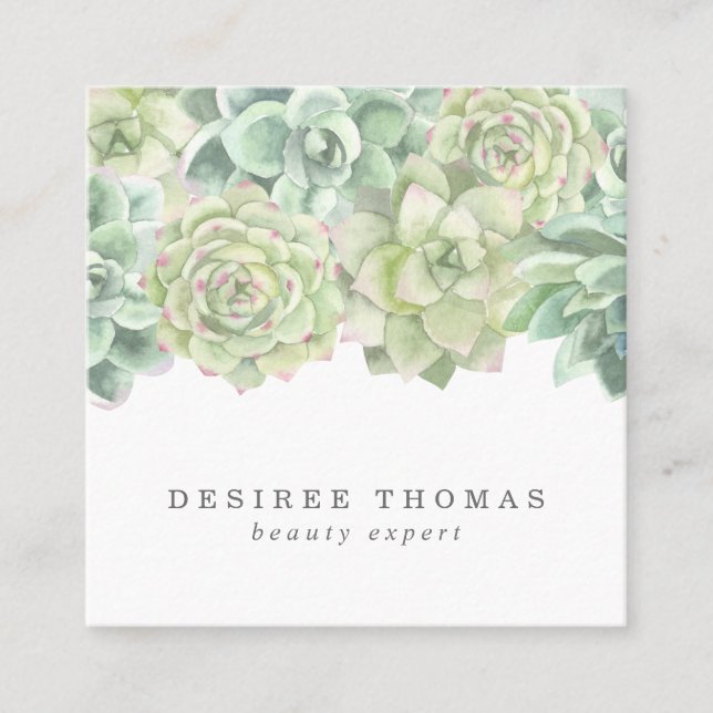 Botanical Green Watercolor Succulents Square Business Card (Front)