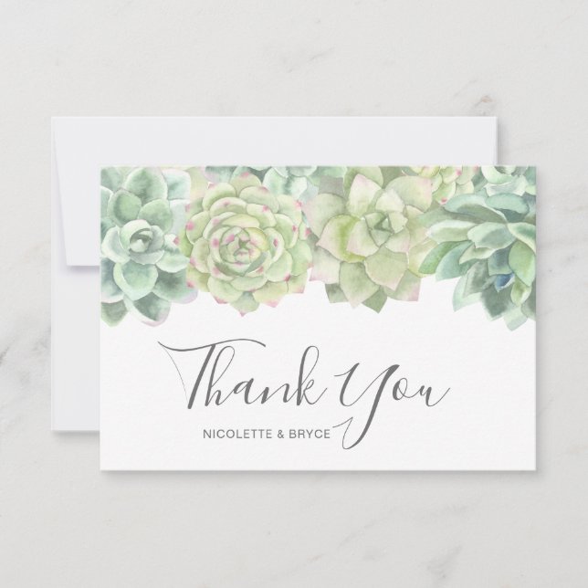Botanical Green Watercolor Succulents Wedding Thank You Card (Front)
