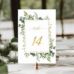 Botanical Green Wedding Gold Glitter Number 14, Table Number
