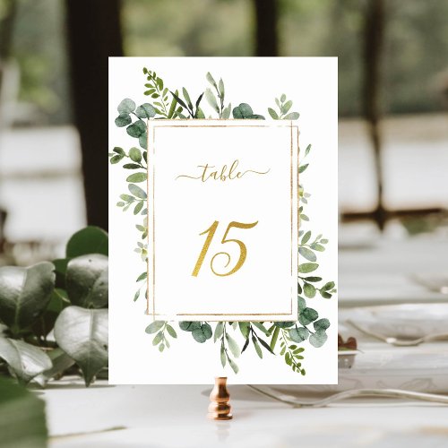 Botanical Green Wedding Gold Glitter Number 15 Table Number