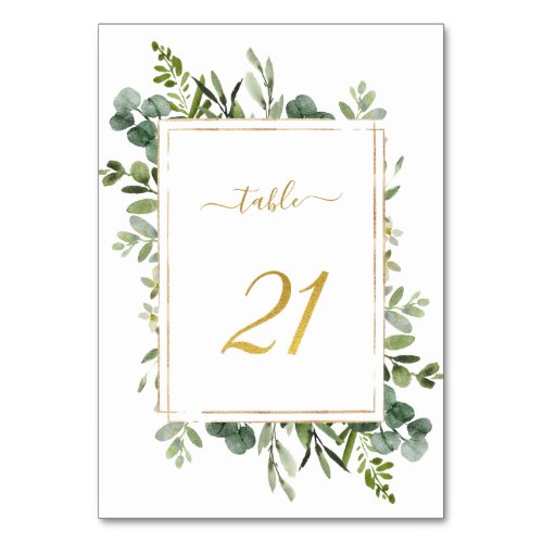 Botanical Green Wedding Gold Glitter Number 21  Table Number