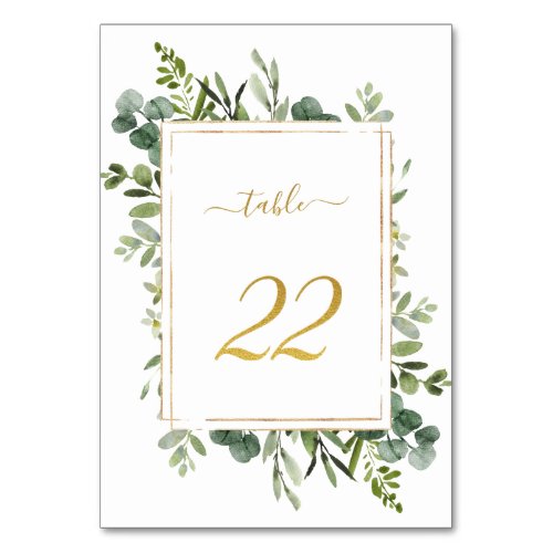 Botanical Green Wedding Gold Glitter Number 22  Table Number
