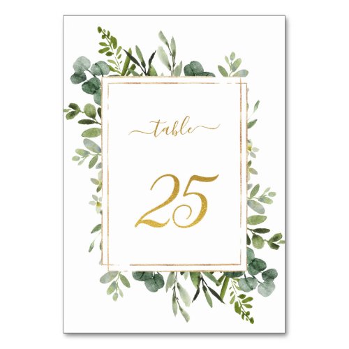 Botanical Green Wedding Gold Glitter Number 25  Table Number