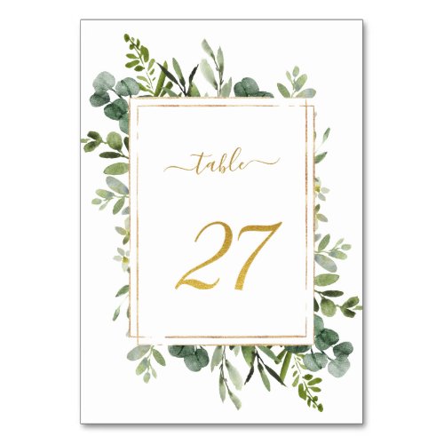 Botanical Green Wedding Gold Glitter Number 27  Table Number