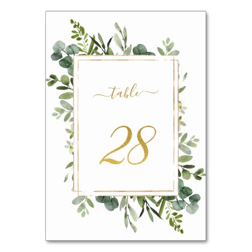 Botanical Green Wedding Gold Glitter Number 28  Table Number