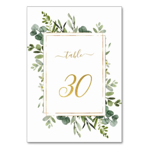 Botanical Green Wedding Gold Glitter Number 30 Table Number