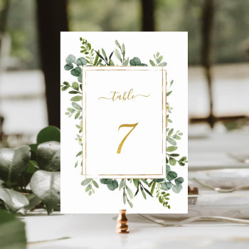 Botanical Green Wedding Gold Glitter Number 7    Table Number by cardsbyflora at Zazzle