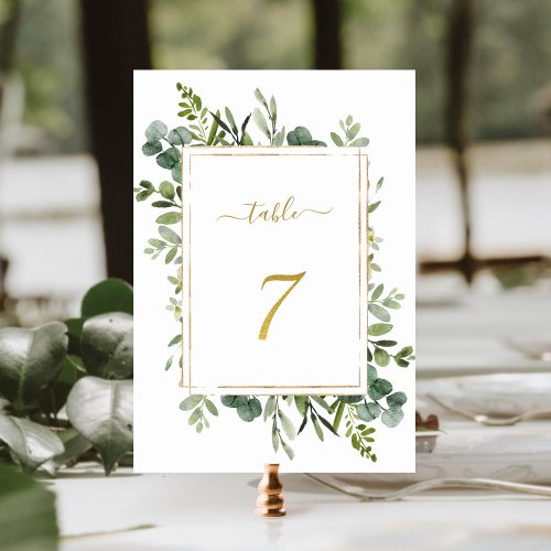 Botanical Green Wedding Gold Glitter Number 7   Table Number