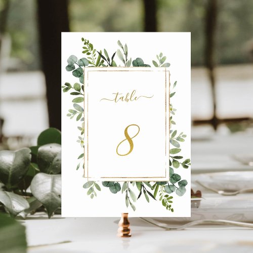 Botanical Green Wedding Gold Glitter Number 8 Table Number