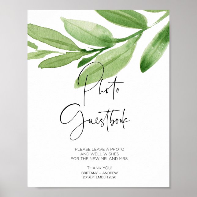 Botanical Green Wedding Photo Guest Book Sign (Front)