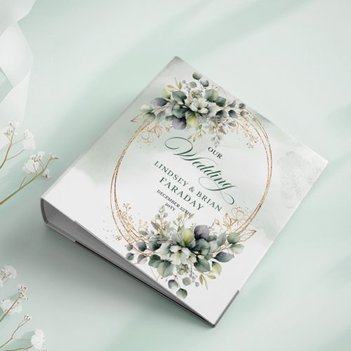 Botanical Green White Gold Wedding Memory Album 3 Ring Binder
