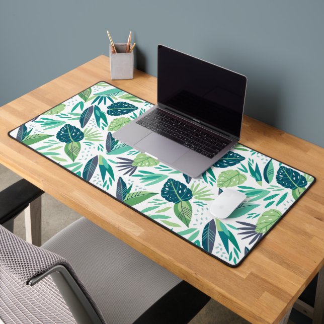 Botanical Green & White Leafs Pattern Desk Mat (Office 2)