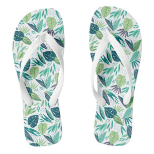 Botanical Green & White Leafs Pattern Flip Flops