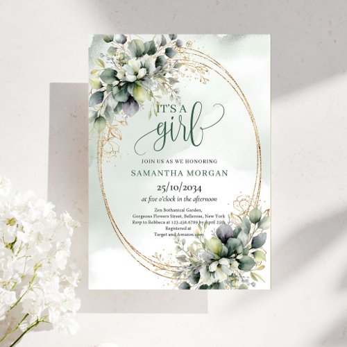 Botanical Green White Theme It’s A Girl Invitation