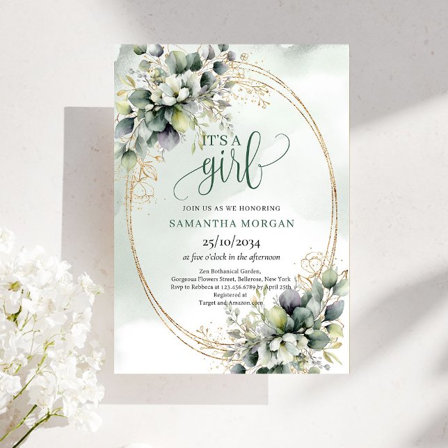 Botanical Green White Theme It’s A Girl Invitation (Botanical Green White Theme It’s A Girl Invitation)