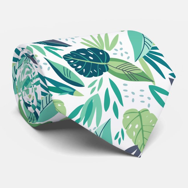 Botanical Green & White Tropical Leafs Pattern Neck Tie (Rolled)