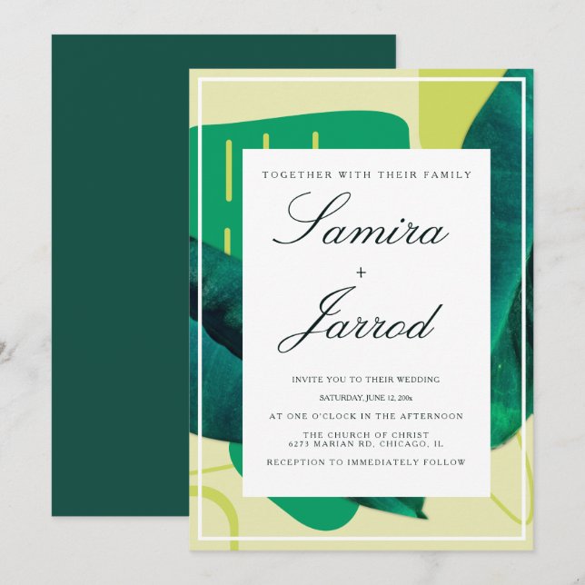 Botanical Green Yellow Organic Collage Wedding Invitation (Front/Back)