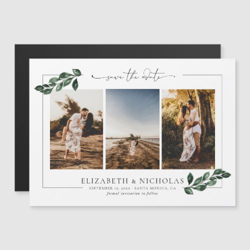 Botanical Greenery  3 Photo Wedding Save the Date Magnetic Invitation