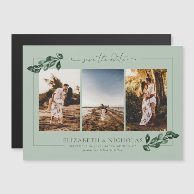 Botanical Greenery | 3 Photo Wedding Save the Date Magnetic Invitation (Front/Back)