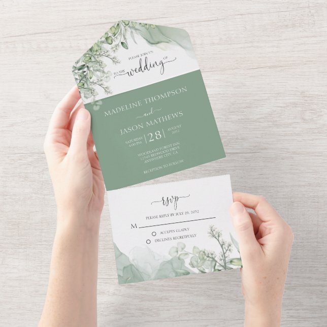 Botanical Greenery Agate Eucalyptus Wedding All In One Invitation (Tearaway)