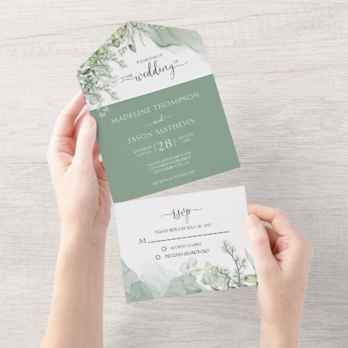 Botanical Greenery Agate Eucalyptus Wedding All In One Invitation