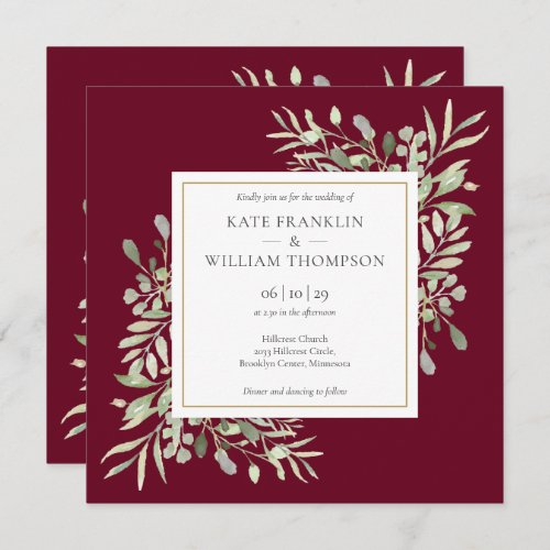 Botanical Greenery All In One Burgundy Wedding Invitation