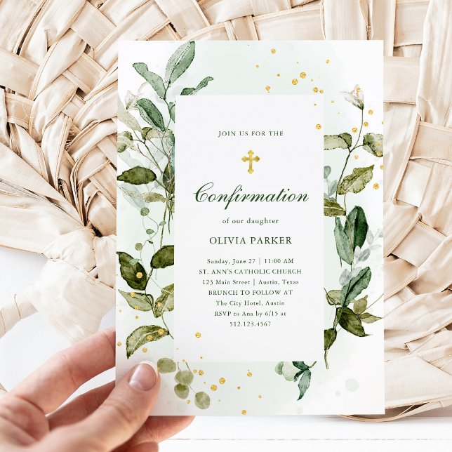 Botanical Greenery and Gold Cross Confirmation Invitation (Creator Uploaded)