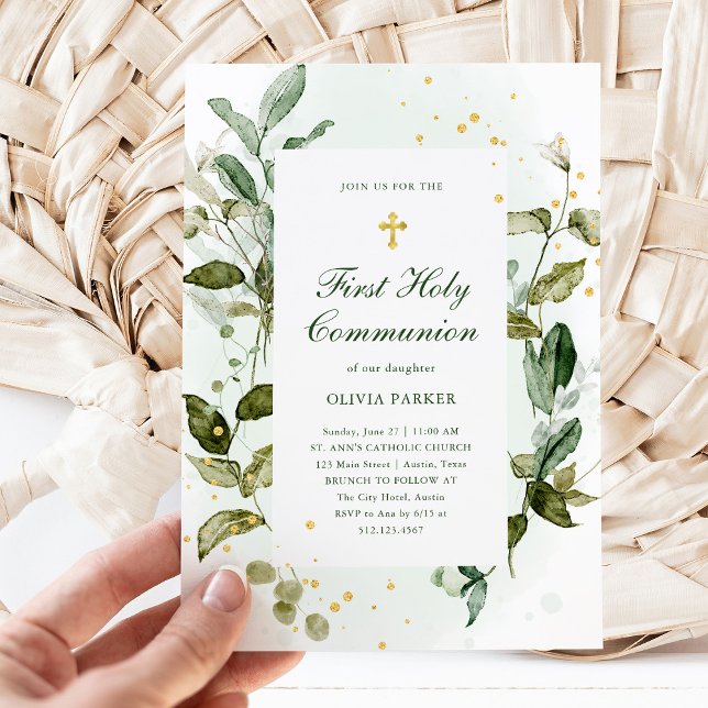 Botanical Greenery and Gold Cross First Communion Invitation (Creator Uploaded)