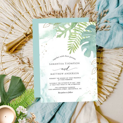 Botanical Greenery  Aqua Blue Watercolor Wedding Invitation