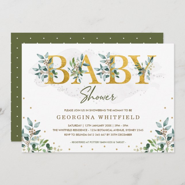 Botanical Greenery Baby Shower / Green Gold Leaves Invitation (Front/Back)