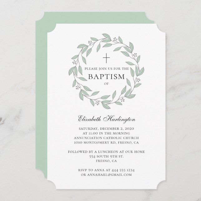 Botanical greenery baptism. Simple mint wreath Invitation (Front/Back)