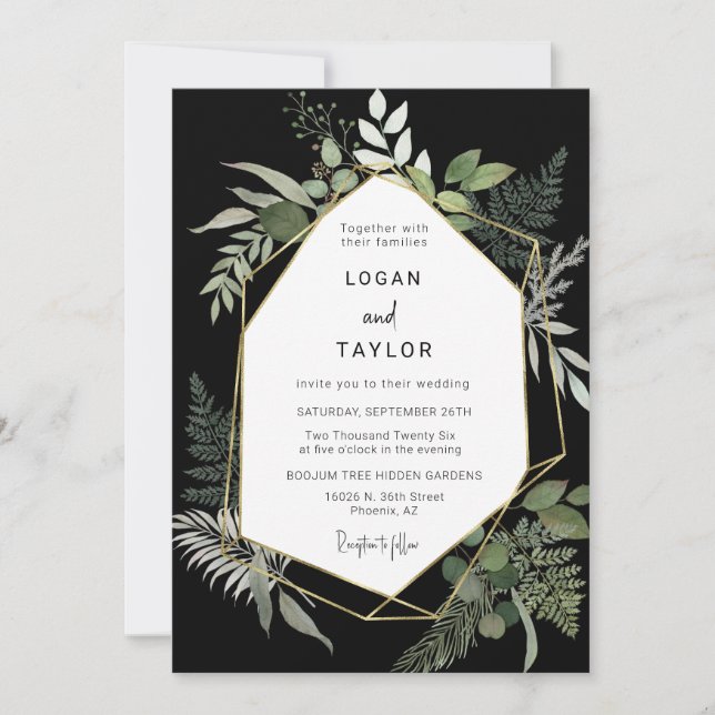 Botanical Greenery Black Gold Frame QR Code Photo Invitation (Front)