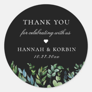 Botanical Greenery Black Wedding Favor Classic Round Sticker