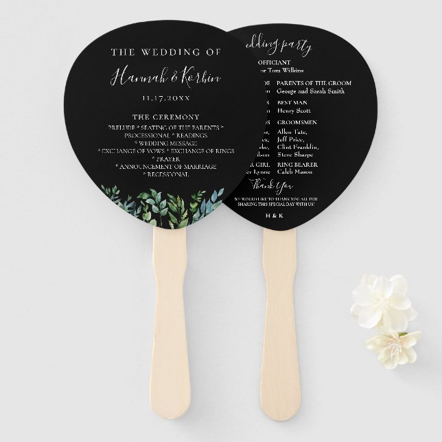 Botanical Greenery Black Wedding Program Hand Fan (Front and Back)