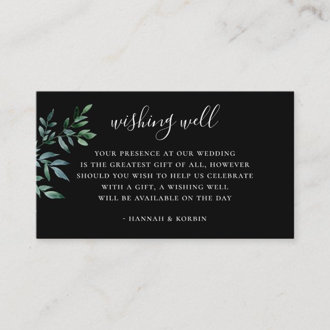 Botanical Greenery Black Wedding Wishing Well Enclosure Card (Front)